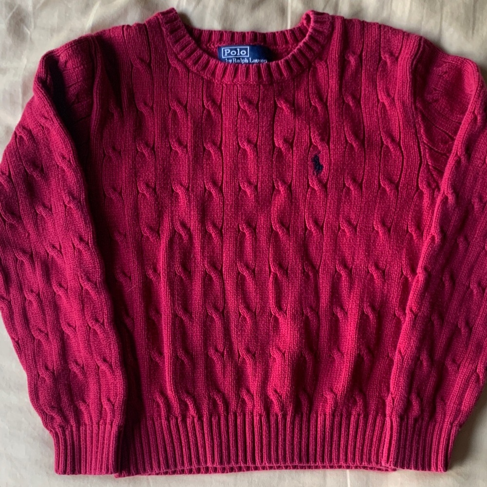 Polo by Ralph Lauren Boy's Red Cable Knit Sweater 7 Navy Blue Polo Horse Ribbed